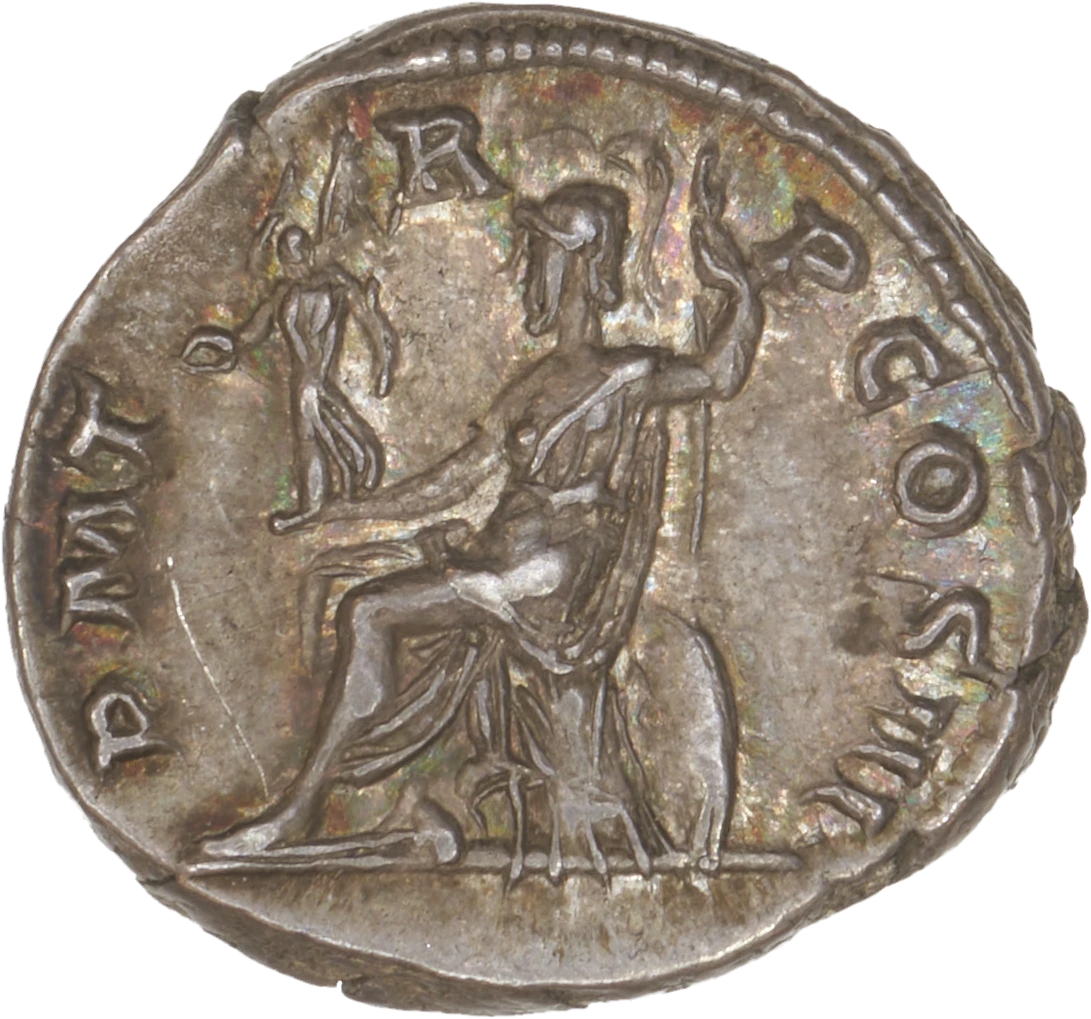 Reverse of a Hadrian denarius showing a seated figure, legend P M TR P COS III